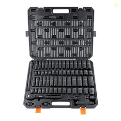 VEVOR 1/2" Drive Impact Socket Set, 65 Piece SAE 3/8" to 1-1/4" and Metric 10-24mm, 6 Point Cr-V Alloy Steel for Auto Repair, Easy-to-Read Size Markings, Rugged Construction, Storage Case