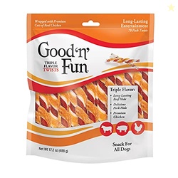 Good n Fun Triple Flavor Twists for All Dogs, 70 Count, Treat Your Dog to Long-Lasting Chews Made with Beef Hide, Pork Hide and Chicken