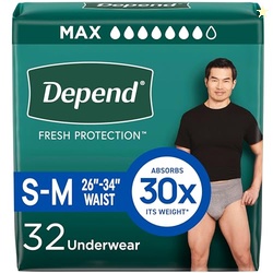 Depend Fresh Protection Adult Diapers, Incontinence Underwear for Men, Disposable, Maximum, Small/Medium, Grey, 32 Count, Packaging May Vary