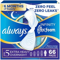 ALWAYS INFINITY FEMININE PADS FOR WOMEN, FLEXFOAM PADS WITH WINGS, SIZE 5, EXTRA HEAVY OVERNIGHT ABSORBENCY, UNSCENTED, 66 COUNT (3 PACKS OF 22)