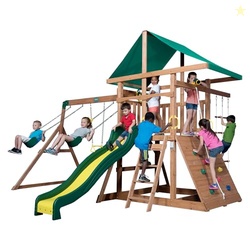 Backyard Discovery Mount Mckinley Cedar Wood Swing Set with Wave Slide, Play Deck, Double Rock Wall, Rope Ladder, Web Swing, Belt Swings, Toy Telescope, Steering Wheel, Sandbox Area, Outdoor Playset
