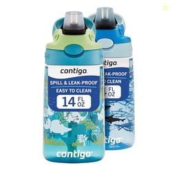 Contigo Aubrey Kids Water Bottle, 2-Pack, 14oz, Dinos & Sharks, Spill-Proof Lid, Dishwasher Safe, Blue & Green
