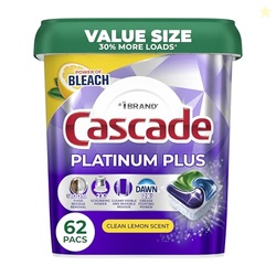 CASCADE PLATINUM PLUS DISHWASHER PODS, DISH DETERGENT SOAP, CLEAN LEMON SCENT, 62 COUNT
