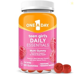 ONE A DAY TEEN GIRLS DAILY ESSENTIALS MULTIVITAMIN GUMMIES, TEEN GIRL MULTIVITAMINS WITH BIOTIN, VITAMIN B12 AND B6, VITAMIN C, RASPBERRY NATURAL FLAVOR, 120 GUMMIES