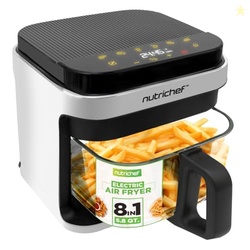 NUTRICHEF 5.8 QUART AIR FRYER | 8-1 PRESET COOK MODES | TRANSPARENT FRY BOWL FOR BEST COOKING RESULTS | COOK SHRIMP, STEAK, FRIES, WINGS, CHICKEN & MORE | PRECISE TEMPERATURE CONTROL & TIME | WHITE