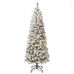National Tree Company 6 ft Pre-Lit Flocked Acacia Slim Artificial Christmas Tree, 250 Clear Lights, 512 Tips, Includes Stand, Green