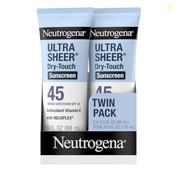 NEUTROGENA ULTRA SHEER DRY-TOUCH SUNSCREEN FOR FACE & BODY, SPF 45 BROAD SPECTRUM UVA/UVB PROTECTION, LIGHTWEIGHT WATER RESISTANT & NON-GREASY, TRAVEL SIZE SUNSCREEN, 3 FL. OZ 2 PACK