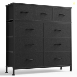 DUMOS 9 Drawer Dresser for Bedroom, Fabric Storage Organizer with Sturdy Metal Frame, Wooden Top Chest of Drawers for Closet Nursery Entryway Guest Room,Matte Black