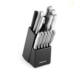 FARBERWARE 15-Piece Kitchen Knife Set with High-Carbon Stainless Steel Blades, Black Handles, Steak Knives, Wood Block, Razor Sharp and Ergonomic
