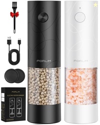 FORLIM ELECTRIC SALT AND PEPPER GRINDER SET, USB RECHARGEABLE, AUTOMATIC SALT PEPPER MILL GRINDER WITH DUST COVER, ONE-BUTTON CONTROL, ADJUSTABLE COARSENESS, WARM LED LIGHT (2 PACKS, BLACK&WHITE)