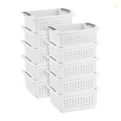 Sterilite 10-Pack Medium Stacking Basket, Open Top Plastic Storage Organizer, White - Stackable Crate Containers for Countertop, Cabinet, Pantry Shelf, Laundry Room, Bathroom & Home Office