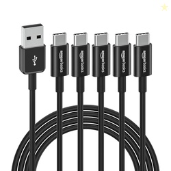 Amazon Basics 5-Pack USB-C to USB-A 2.0 Fast Charger Cable, 480Mbps Speed, USB-IF Certified, for Apple iPhone 16/15, iPad, Samsung Galaxy, Laptops, 6 foot, Black