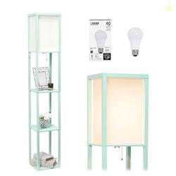 Simple Designs LF1014-AQU-LB Three Shelf Etagere Organizer Storage Floor Lamp with White Linen Shade for Living Room, Bedroom, Office, Hallway, Aqua, with Feit LED Bulb Included