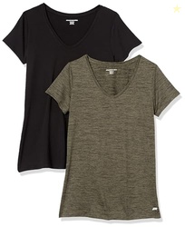 AMAZON ESSENTIALS WOMEN'S ACTIVE QUICK DRY TECH STRETCH SHORT-SLEEVE V-NECK T-SHIRT (AVAILABLE IN PLUS SIZE), PACK OF 2, BLACK/OLIVE SPACE DYE, XX-LARGE
