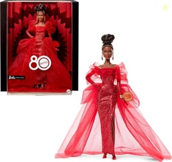 Barbie Signature Doll, Mattel 80th Anniversary Collectible in Glittery Red Tulle Gown with Drop Earrings and Sheer Gloves, Brunette