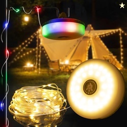 DGE Camping String Lights, 8 Lighting Modes 2-in-1 Outdoor String Lights with RGB and Warm White Light (32.8ft), Quick Storage, Waterproof, Type-C Charging for Camping, Holiday