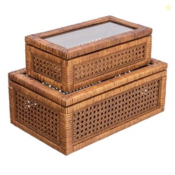Creative Co-Op Modern Decorative Rectangle Woven Rattan and Wood Display Boxes with Glass Top, Set of 2 Sizes, Dark Brown Finish, Rectangular