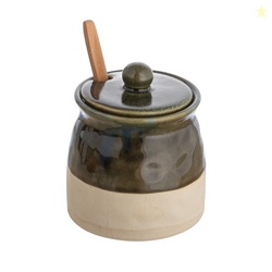 Creative Co-Op Black Stoneware Sugar Pot with Lid and Wood Spoon