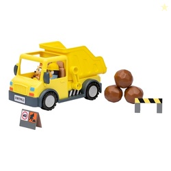 BLUEY DUMP TRUCK TOY PLAYSET, STURDY WORKING TOY DUMP TRUCK WITH 2 ARTICULATED FIGURES AND 3 HUGE BOULDERS, CONSTRUCTION TOYS FOR KIDS OF AGES 3+