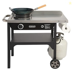 Cuisinart Outdoor Wok Station, 50,000 BTU Propane Outdoor Wok Burner with Prep Table, 14" Carbon Steel Fry Pan, Stainless Steel Side Table, Storage, Outdoor Cooking Station for Stir Fry, Searing, BBQ
