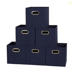 HOUSEHOLD ESSENTIALS FOLDABLE FABRIC STORAGE CUBES 6-PACK  11X11X11 STACKABLE NON-WOVEN BINS WITH CHIPBOARD SIDES & GROMMET HANDLES  CLOSET, SHELF, NURSERY, OR OFFICE ORGANIZER  NAVY