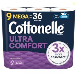 Cottonelle Ultra Comfort Toilet Paper, 9 Mega Rolls = 36 Regular Rolls, Packaging May Vary