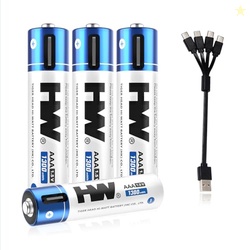HW USB Rechargeable AAA Batteries, [1.5V, 4-Pack] 1300mWh Lithium Battery with Type C Cable, 1000+ Cycles Triple A Batteries for Remote Controls, Wireless Mouse, LED Flashlights, Electronic Toys, etc.