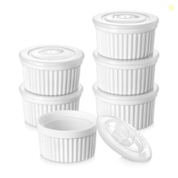 vancasso 8 oz Ramekins with Lid, Porcelain Creme Brulee Souffle Dishes, White Pudding Custard Cups Ramiken for Baking, Dishwasher and Oven Safe, Set of 6