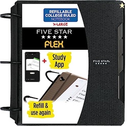 Five Star Flex Refillable Notebook + Study App, College Ruled Paper and 1-1/2 Inch TechLock Ring Binder with Pockets, Tabs and Dividers, 300 Sheet Capacity, Black (29324AA2)