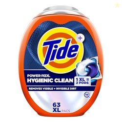 TIDE HYGIENIC CLEAN POWER PODS LAUNDRY DETERGENT PACS, ORIGINAL SCENT, 63 COUNT, REMOVES VISIBLE AND INVISIBLE DIRT