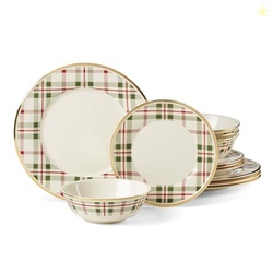 Lenox 894963 Holiday Plaid 12-Piece Dinnerware Set, Red & Green, Christmas, Hosting
