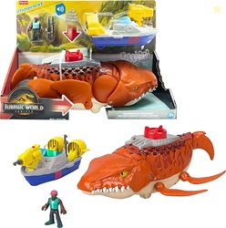 Fisher-Price Imaginext Jurassic World Rebirth Aquachomp Chase Mosasaurus 18-inch Dinosaur Toy with 3-inch Action Figure, Launcher Boat & 2 Projectiles