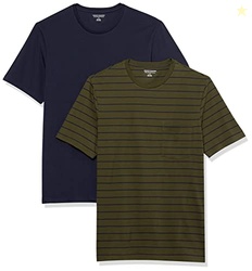 AMAZON ESSENTIALS MEN'S T-SHIRTS, SHORT-SLEEVE CREWNECK POCKET, COTTON, 2-PACK, X-LARGE, NAVY/OLIVE/STRIPE
