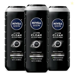 NIVEA Men Active Clean Body Wash with Natural Charcoal for Normal to Oily Skin, 3-in-1 Charcoal Body Wash, Face and Hair, Draws Out Dirt and Impurities, 16.9 Fl Oz Bottle, Pack of 3