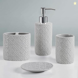 MARTHA STEWART CERAMIC BATHROOM ACCESSORIES SET, VANITY DECOR STORAGE ORGANIZER, EMBOSSED DAMASK MEDALLION, LOTION/SOAP DISPENSER, TOOTHBRUSH HOLDER, TUMBLER, TRINKET DISH, ASSORTED SIZES GREY