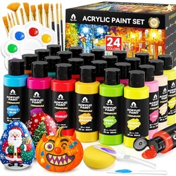 40 Pcs Acrylic Paint Set - 24 Colors (2oz/60ml) with 12 Brushes, 2 Knives & Palette - Rich Pigments for Adults, Kids, Artists & Beginners - Painting on Halloween Pumpkin Canvas Ceramic Rock Wood