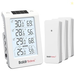BaldrTherm Solar Photosensitive Three Channel Thermo-Hygrometer, Wireless Temperature & Humidity Monitor with 330ft Range, 4.8" Digital Display, Smart Backlight, Real-Time Alerts, White