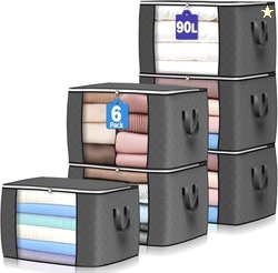 90 L Large Storage Bags, 6 Pack Clothes Storage Bins Foldable Closet Organizers Storage Containers with Reinforced Handle for Clothing, Blanket, Comforters, Bed Sheets, Pillows and Toys (Gray)