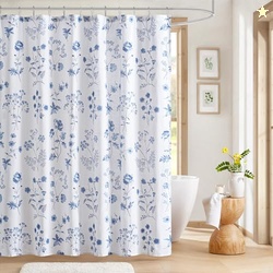 Martha Stewart Martha's Garden Shower Curtain Botanical Floral Print Cotton Shower Curtain for Bathroom, Spa Quality Modern Shower Curtains Standard Size, 72x72 Blue