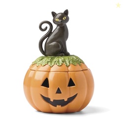 Lenox Haunted Halloween Covered Candy Jar, Porcelain Jar with Lid, 26oz Storage, Black Cat on Pumpkin, Jar for Sweets, Pumpkin Decor, Halloween Kitchen Decor, Halloween Cookie Jar, 5x7.25 inches