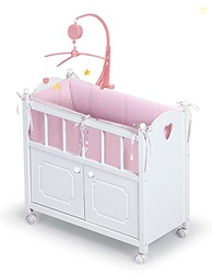 Badger Basket Wooden Toy Doll Bed with Storage, Mobile, and Bedding to Pretend and Play - Includes Wheels and Free Personalization Kit - White with Pink Gingham Fabric