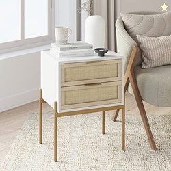 Andrew End, Bedside or Side Table in Matte White Finish with Two Natural Rattan Drawers Doors for Storage and Brass Gold Accents for Living Room or Bedroom, White/Cane/Gold