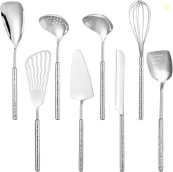 304 Stainless Steel Cooking Utensils Set, 8PCS Kitchen Utensils Set, Luxury Kitchen Utensils, Deep Ladle, Skimmer, Slotted Spatula, Fish Spatula, Serving Spoon, Whisk, Bread Knife, Cake Server
