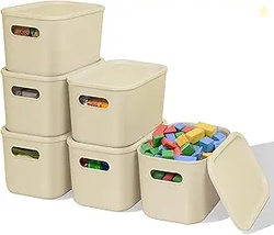 SODDEPH 6 PACK PLASTIC STORAGE BINS WITH LIDS, STACKABLE STORAGE CONTAINER BOX FOR ORGANIZING, SHELVES,HOME, KITCHEN,OFFICE, CLOSET, PLAYROOM (BEIGE, 6 PACK)