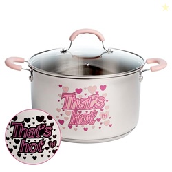 Paris Hilton Stainless Steel Stock Pot with Iconic Color Changing "That's Hot" Heat Indicator Decal, Features Soft Grip Handles and Measure Marks, 8-Quart, Pink