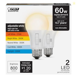 Feit Electric A19 LED Light Bulb, 60W Equivalent, Non-Dimmable, 5CCT, E26 Medium Base, 90 CRI, 800 Lumens, Adjustable White, 13.7 Years Lifetime, 2 Pack, OM60/5CCT/15KLED/2