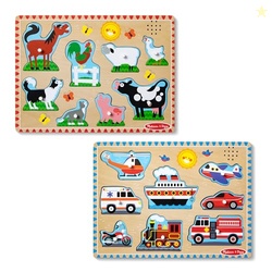 Melissa & Doug Wooden Light-Activated Sound Puzzle 2-Pack for Toddler and Preschool Boys and Girls  Farm Animals, Vehicles