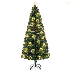 Goplus 7ft Pre-Lit Fiber Optic Christmas Tree, Artificial Lighted Xmas Tree with 48 Warm-White Shape-Adjustable Star String Lights, Top Star, 270 Branch Tips, Metal Stand, Office Home Decoration