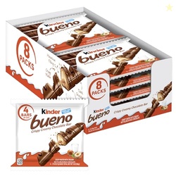 Kinder Bueno Milk Chocolate and Hazelnut Cream, Bulk 8 Pack, 4 Bars Per Pack, Individually Wrapped Chocolate Bars, 3 oz Each