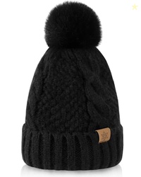 Loiyadn Winter Hats for Women - Winter Beanie Womens with Bobble, Soft Warm Ribbed Knit Cuffed Womens Winter Hat Black